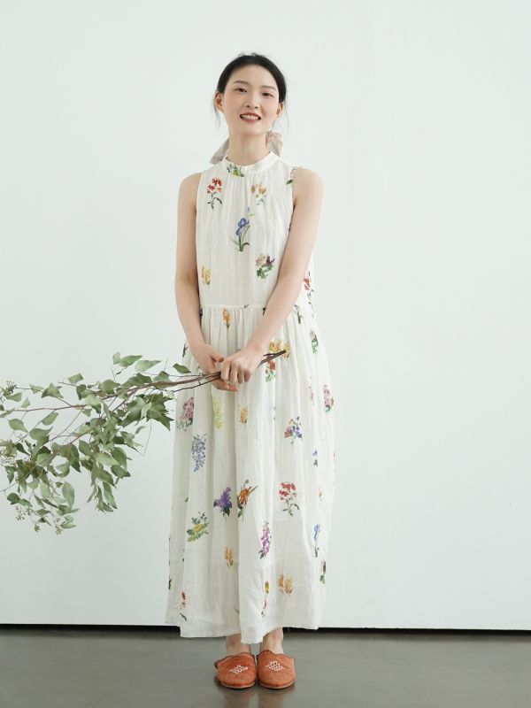 燕燕～春夏款 苧麻 復古簡約雙層印花長裙 文藝田園高腰繫帶洋裝 連身裙 ab2508401 