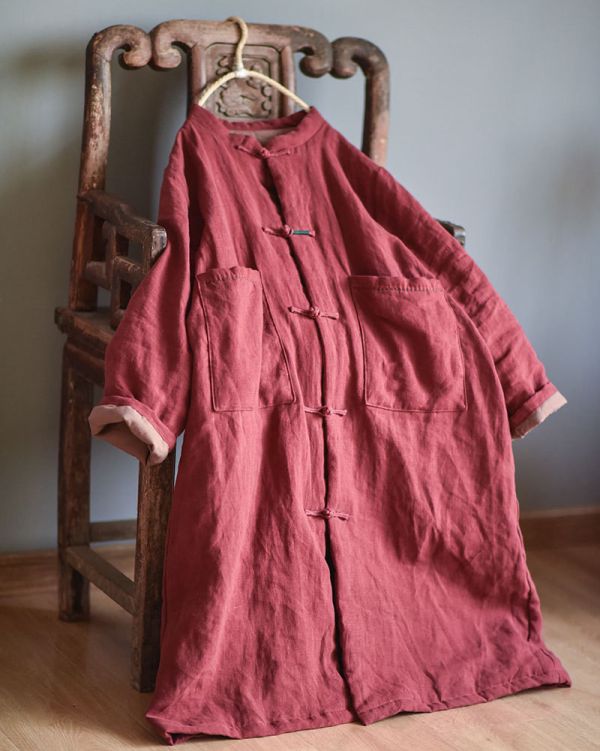 燕燕~亞麻~秋季新款 復古文藝長版加棉保暖中式棉襖棉衣 外套 