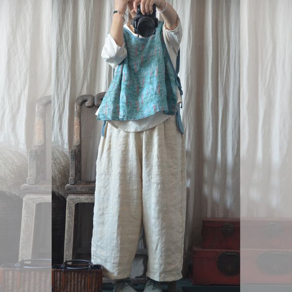 燕燕~春夏秋款。棉麻印花撞色套頭繫帶背 