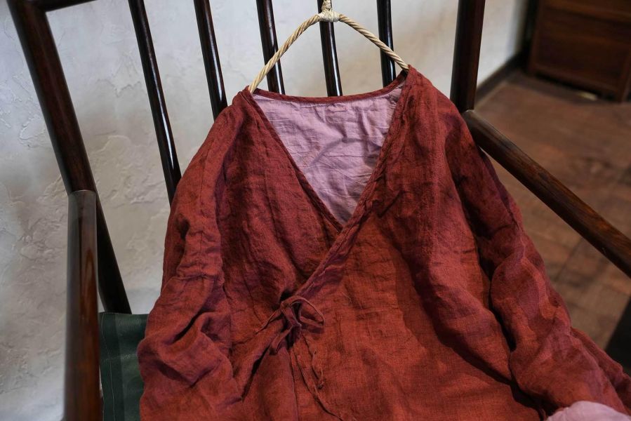 燕燕~春秋款 色織肌理感亞麻 傳統交領繫帶百搭襯衫 長袖上衣開襟衫 