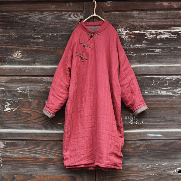 燕燕~秋款 條紋色織亞麻棉袍 復古斜襟盤扣寬鬆長棉衣手縫線棉服連身裙 洋裝 (此件商品不退換） 