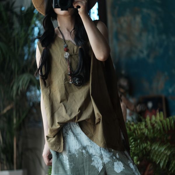 燕燕~夏季款式 復古手工植物染棉料V領背心 