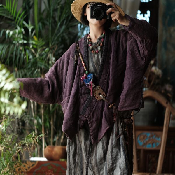 燕燕~秋冬新款 亞麻 手工重工炒色斜襟繫帶棉衣外套  ab181401 