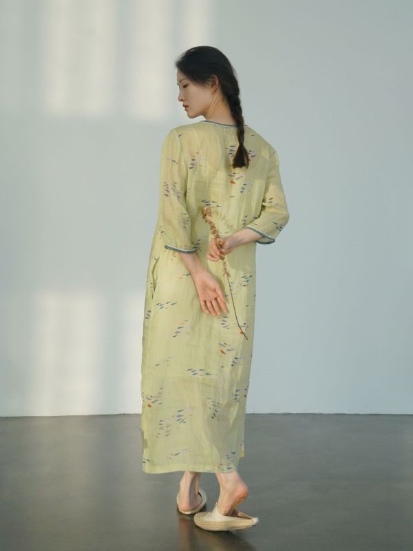 燕燕~棉麻商品~改良旗袍印花圓領斜襟 禪意中國風清透洋裝 連身裙 ab2407201 