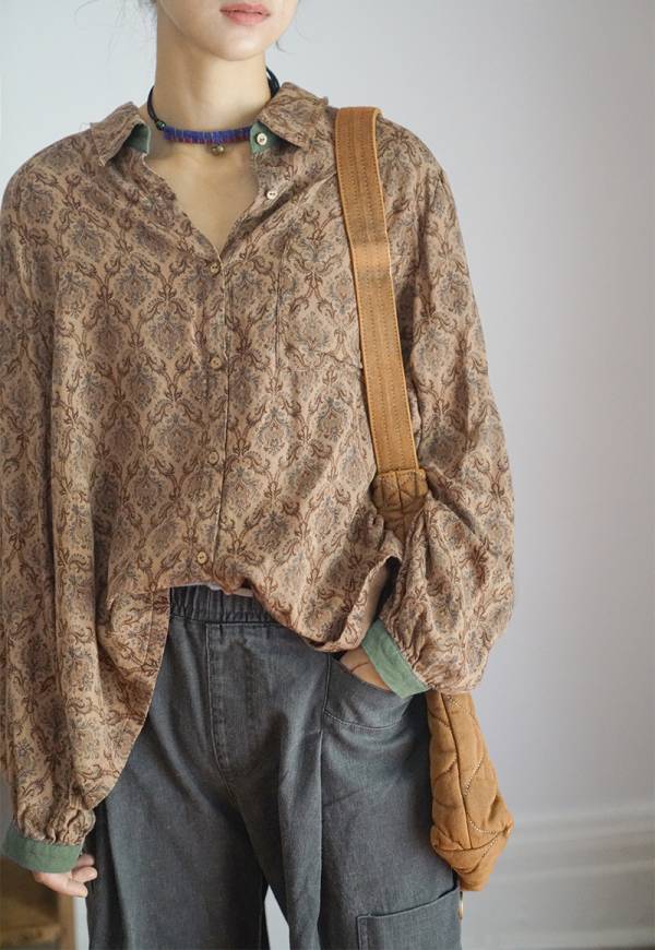 燕燕~棉麻商品~復古香雲紗材質  數碼印花百搭襯衫 文藝休閒寬鬆顯瘦長袖襯衫 上衣 ab2131801 