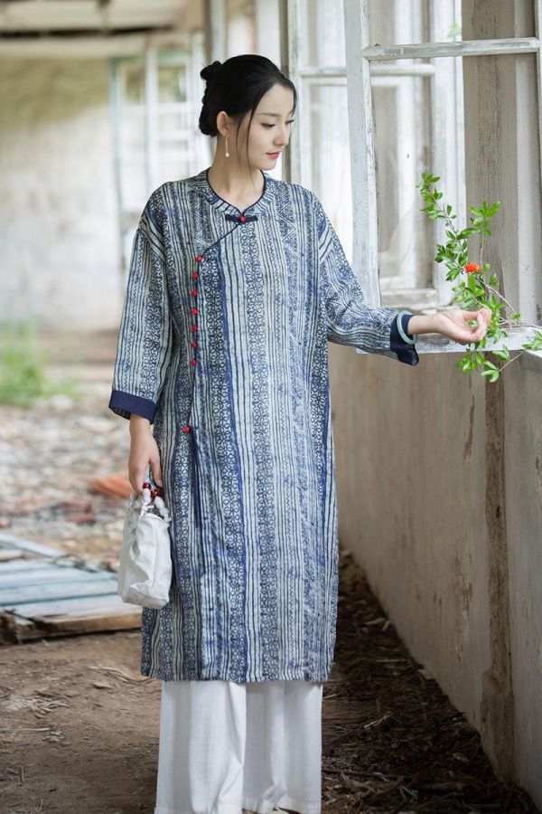 燕燕~夏季新款 100支純莧麻數位印花洋裝 文藝復古寬鬆圓領改良旗袍連身裙 