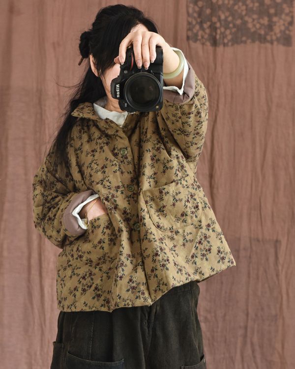 燕燕~秋冬款 森林系清新田園碎花短棉服棉襖 全棉輕薄女式棉衣外套 