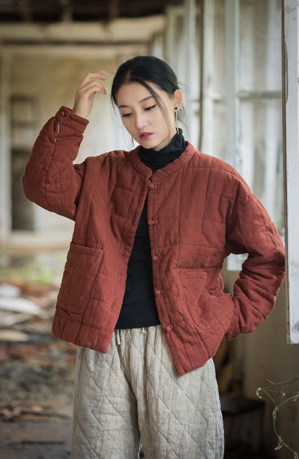 燕燕~冬季新款 莧麻夾棉絎縫方格棉襖棉服時尚文藝個性女式短棉衣外套 