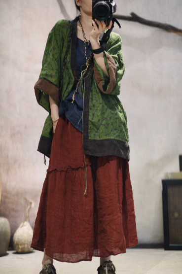 燕燕~夏季新品 苧麻印花休閒寬鬆款手工縫線開襟衫 防曬衫 外套 