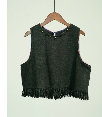 燕燕~秋冬款！復古色織棉麻個性毛邊 流蘇背心 ab2435501 