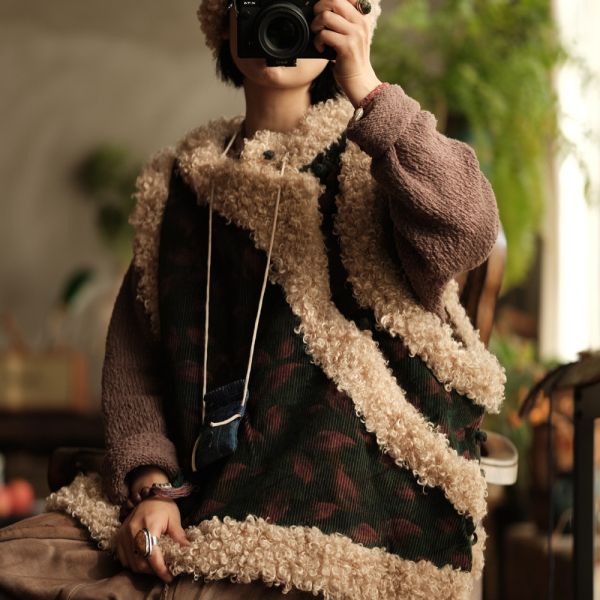 燕燕~復古燈芯絨斜襟盤扣羊捲毛夾棉背心。ab222401 