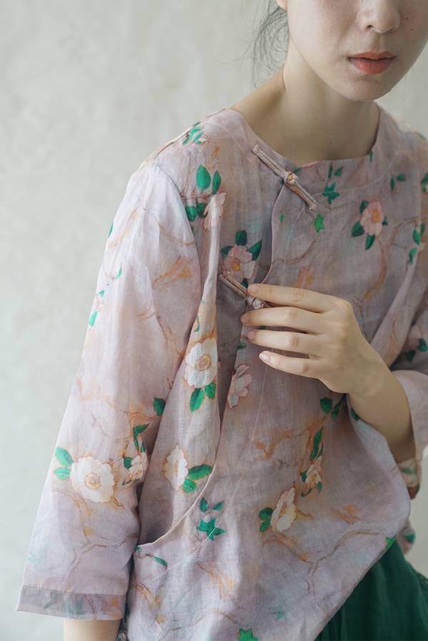 燕燕~棉麻商品 苧麻印花材質 清雅顯瘦襯衫茶服 七分袖棉麻衫 1-2216 