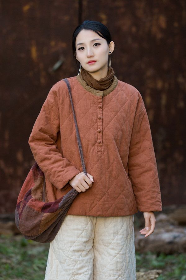 燕燕 冬季新款 苧麻夾棉菱格絎縫套頭棉襖 個性加厚保暖女裝棉衣上衣 