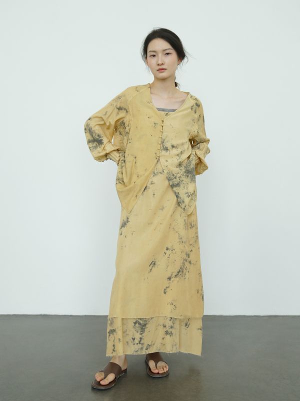 燕燕~絲綿  復古高品質潑墨印花 吊帶長裙 洋裝 連身裙   ab2420801 