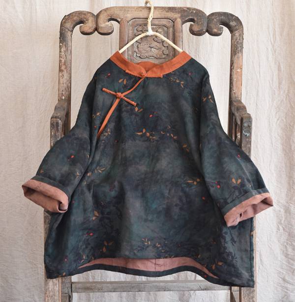 燕燕~春秋款 碎花 亞麻材質   斜襟復古盤扣上衣 香雲紗印花 工藝茶服短長袖棉麻衫 外套 