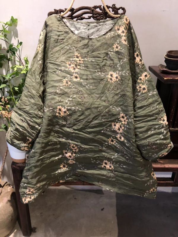 燕燕～夏款  苧麻  文藝復古印花圓領套頭落肩中長衫上衣 