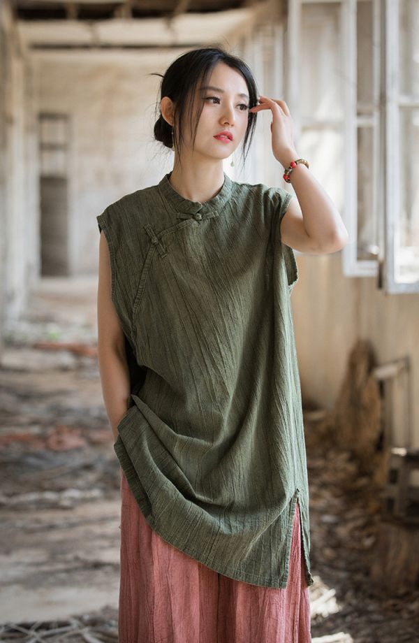 燕燕~莧麻薄款 夏季新款 全新中式盤扣無袖紮染上衣 