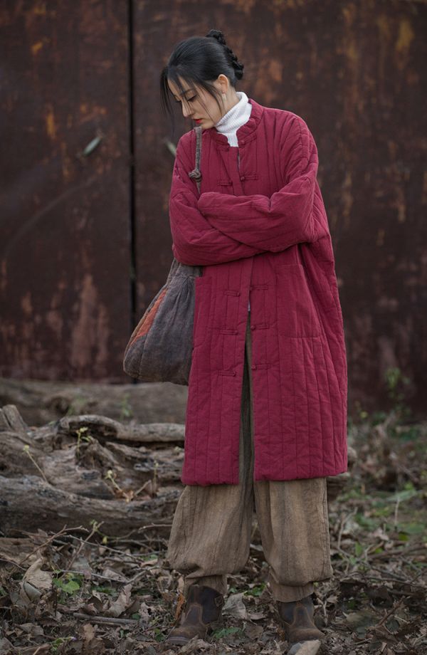 燕燕~秋冬新款    夾棉加厚保暖炒色絎縫長外套 盤長棉服棉衣外套 