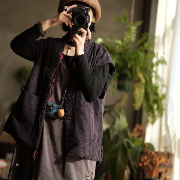 燕燕~棉麻商品~純亞麻。做舊雪花洗撞色領寬鬆夾棉坎肩背心  ab192601 