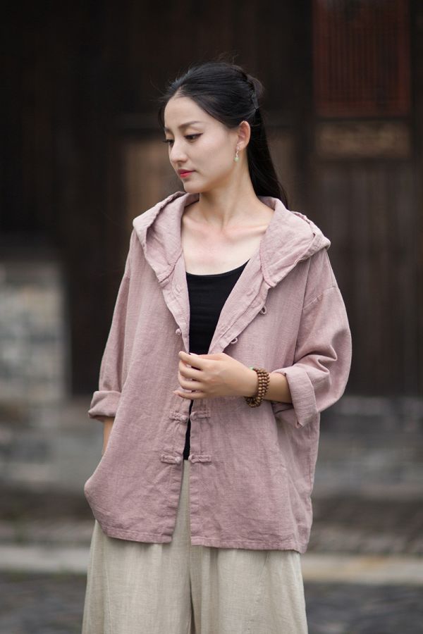 燕燕~秋季新款 苧麻連帽流浪風女式開襟衫 襯衫 外套 