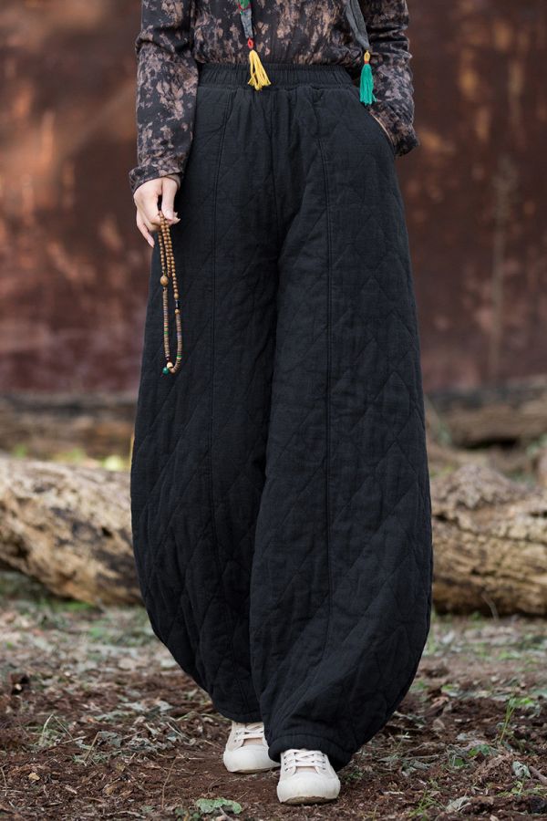 燕燕~冬季新款 復古夾棉絎縫菱形格加厚保暖燈籠棉褲 