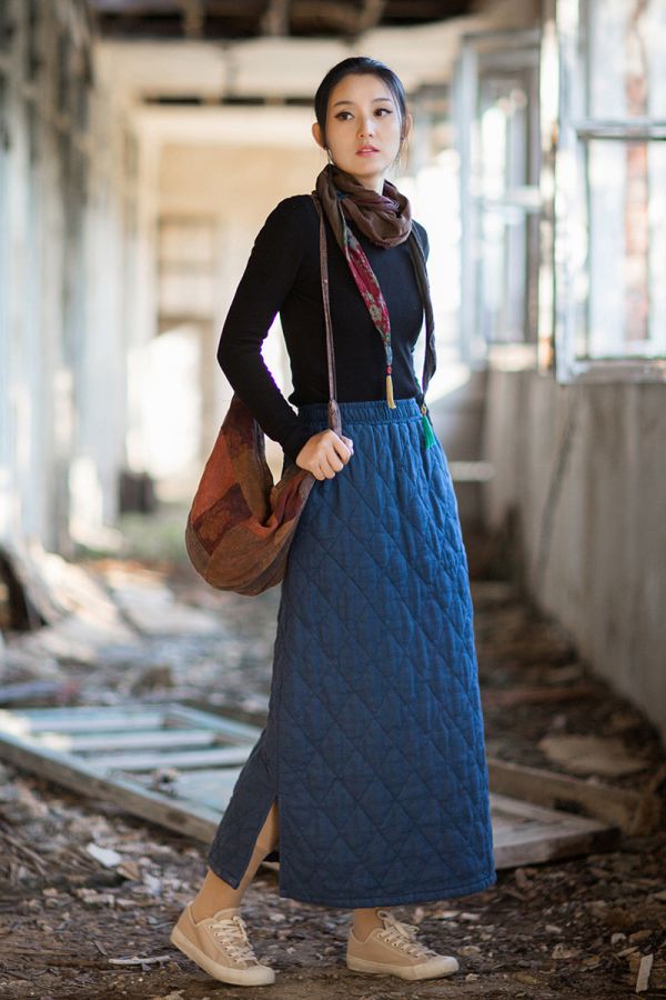 燕燕~冬季新款 苧麻夾棉加厚絎縫菱格長裙 