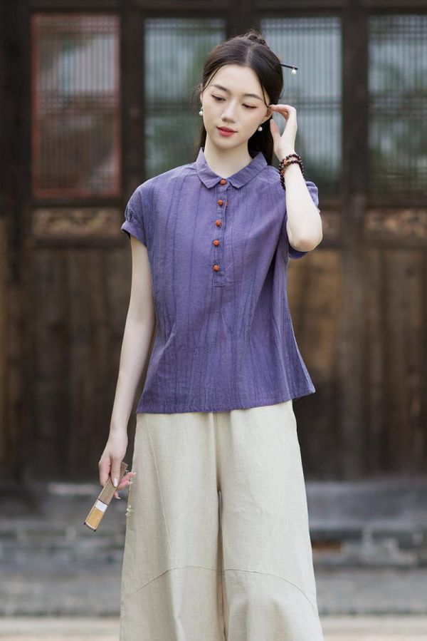 燕燕~夏季新款 文藝復古翻領落肩時尚休閒百搭上衣 短袖苧麻襯衫 