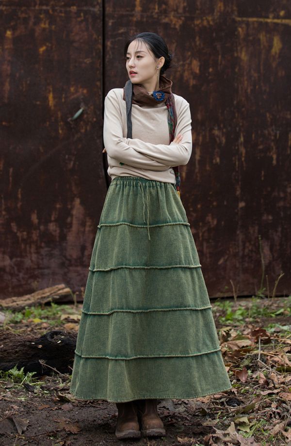 燕燕～秋冬新品  苧麻加絨加厚炒色裙子文藝復古百搭長裙 