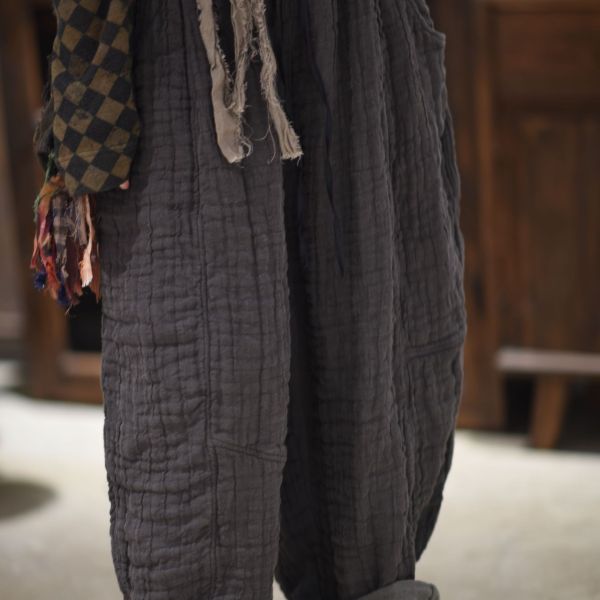 燕燕～雙層縐亞麻休閒寬褲 長褲 