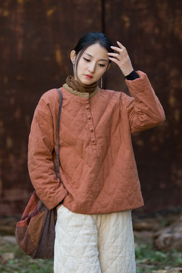 燕燕 冬季新款 苧麻夾棉菱格絎縫套頭棉襖 個性加厚保暖女裝棉衣上衣 