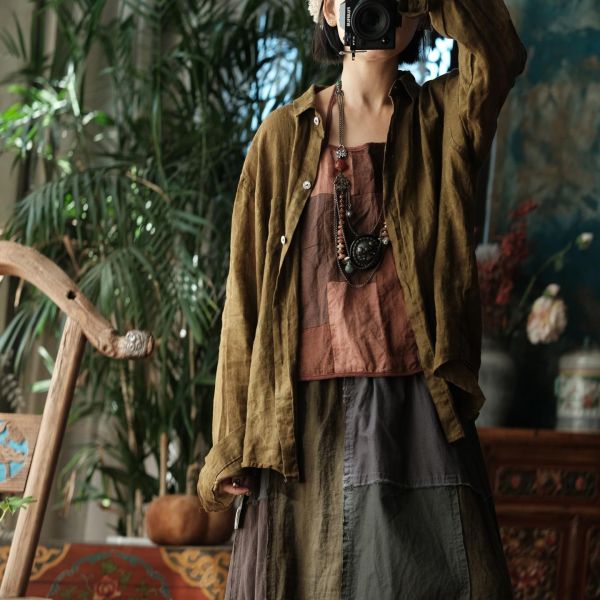 燕燕~復古水洗苧麻寬鬆襯衫 文藝穿搭開襟衫 ab204001 (可搭一套） 