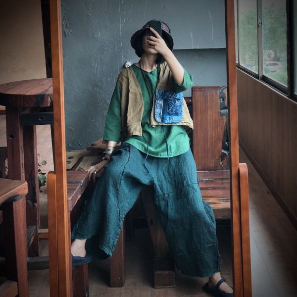 燕燕～純亞麻高端水洗九分褲 民俗風寬褲 