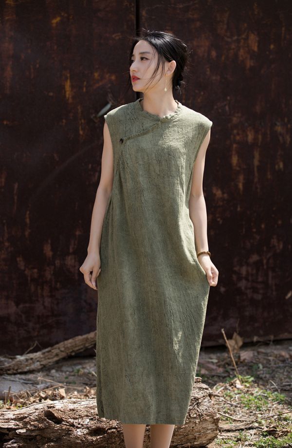 燕燕～秋冬薄款 苧麻棉手工紮染國風改良 無袖洋裝連身裙 