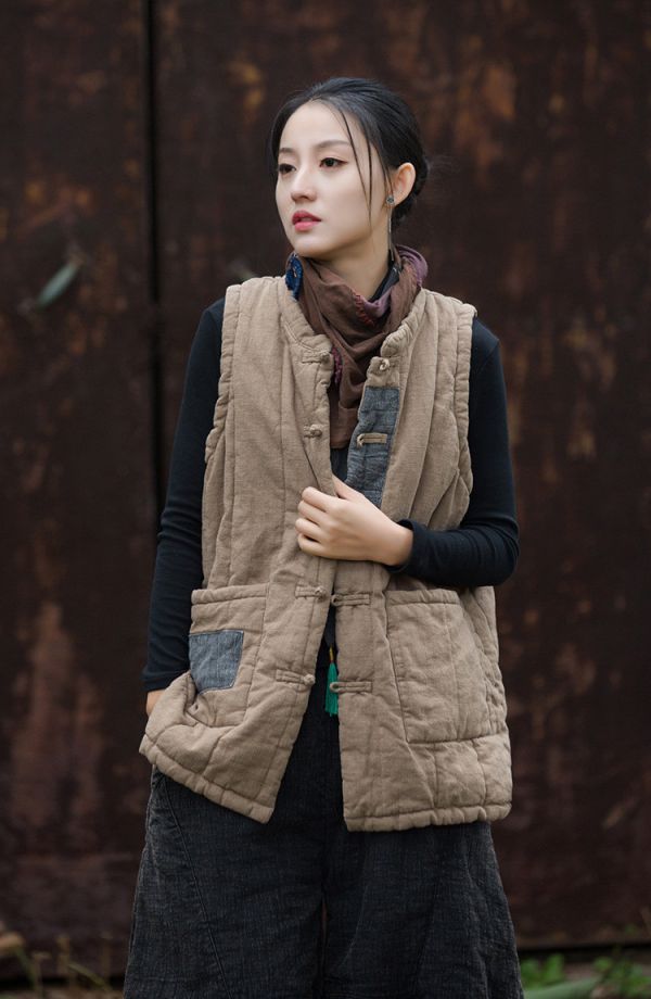 燕燕~秋冬新款 苧麻夾棉絎縫貼布外套 復古個性保暖背心 