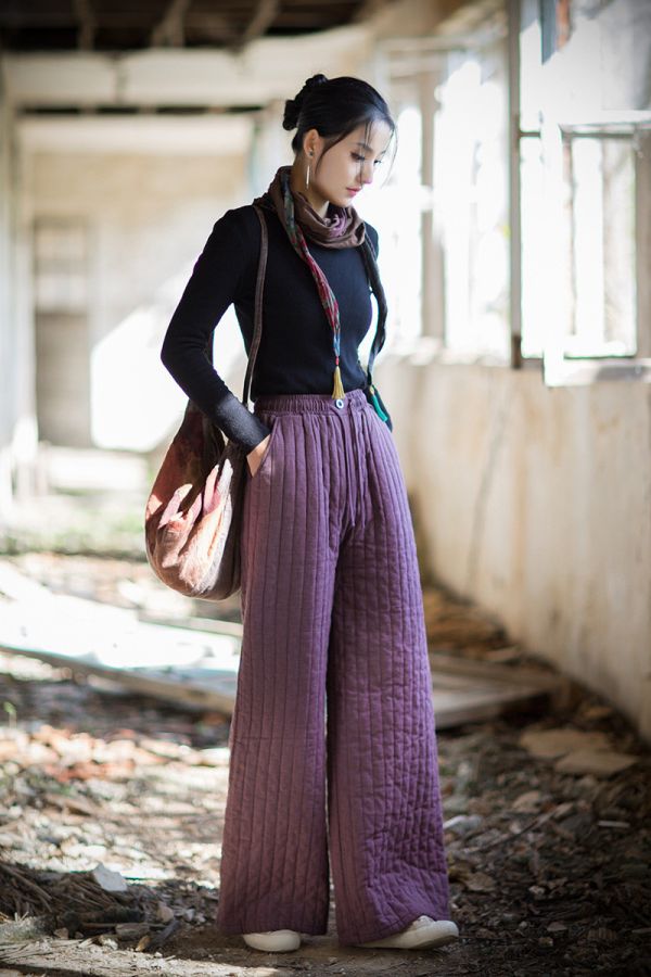 燕燕~冬季新品 苧麻夾棉豎格絎縫闊腿褲 加厚保暖高級感棉褲 