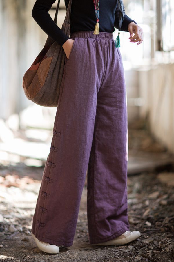 燕燕~秋冬新款 苧麻夾棉絎縫長褲 個性百搭保暖女款直筒棉褲 