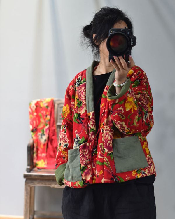 燕燕～繫帶盤扣老花布棉襖 棉服短款女棉衣外套 