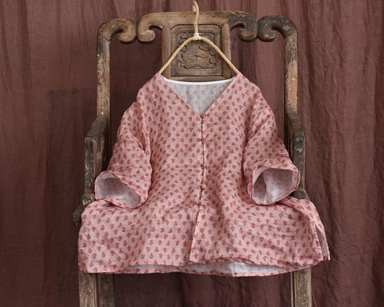 燕燕～苧麻 清新甜美手縫盤扣上衣 襯衫 