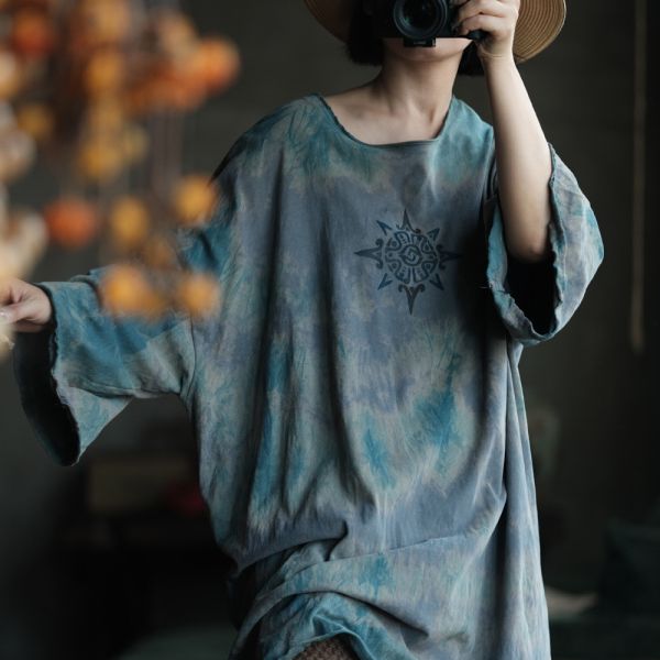 燕燕棉麻～復古手工植物染針織棉寬鬆百搭打底T恤 上衣  ab233701 