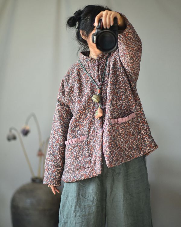 燕燕~秋冬款。手工縫製盤扣開衫棉服 復古小碎花短款棉衣外套 