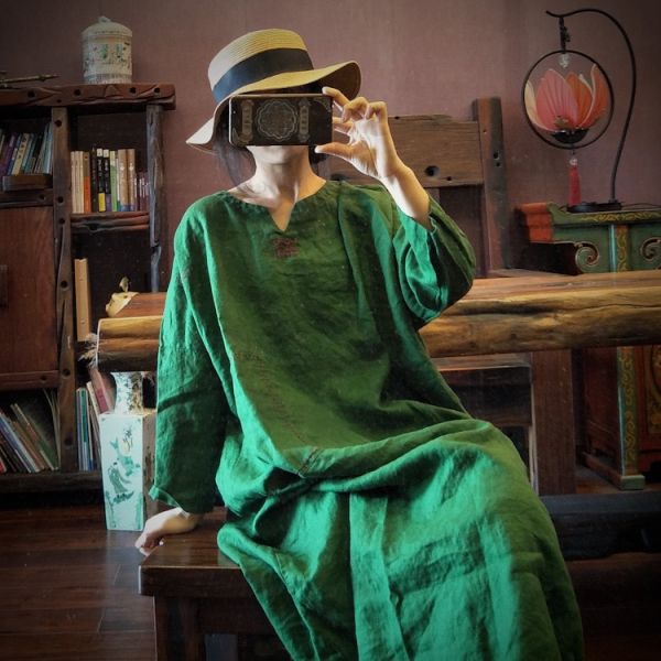 燕燕~棉麻商品~純亞麻  水洗文藝復古手工繡花寬鬆大袍 洋裝 連身裙 