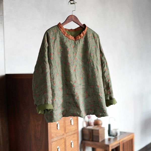 燕燕~秋冬新款 苧麻夾棉 數位印花高領棉衣 文藝休閒棉服上衣 