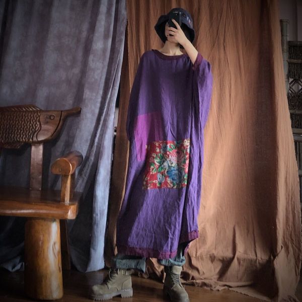 燕燕. 純麻   毛邊撞色大袍洋裝 連身裙。ab143601 