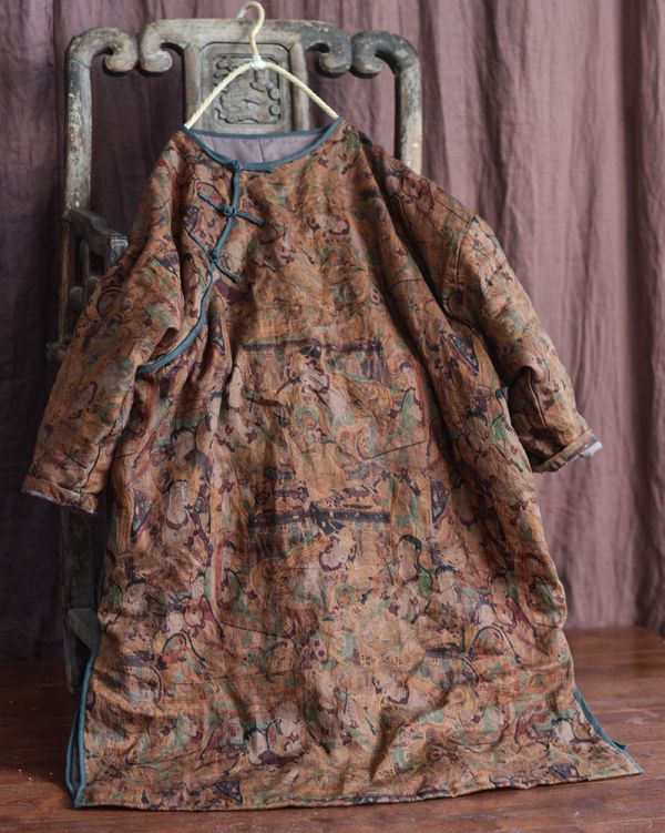 燕燕~棉麻商品~秋冬款 亞麻 印花斜襟盤扣文藝加長棉袍 寬鬆保暖棉衣上衣 連身裙 