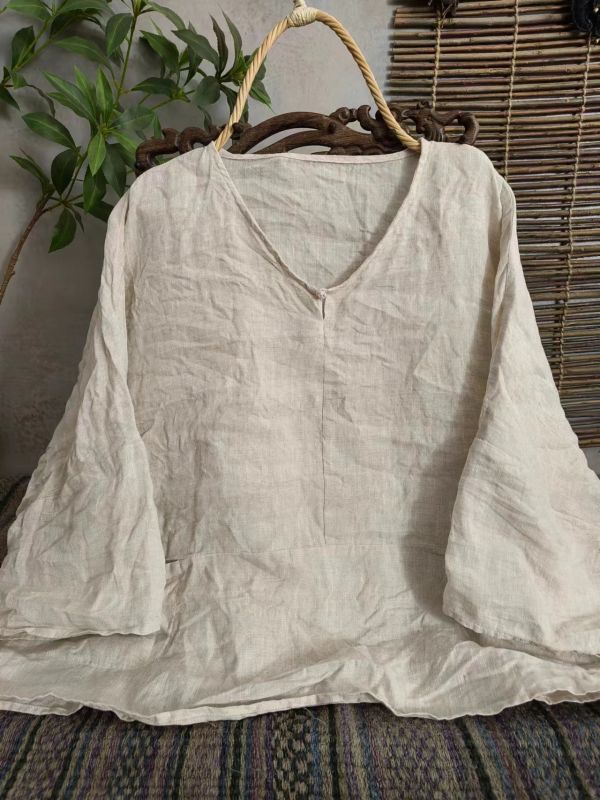 燕燕~棉麻商品~春夏款。亞麻  文藝復古寬鬆七分袖落肩套頭小衫 上衣 
