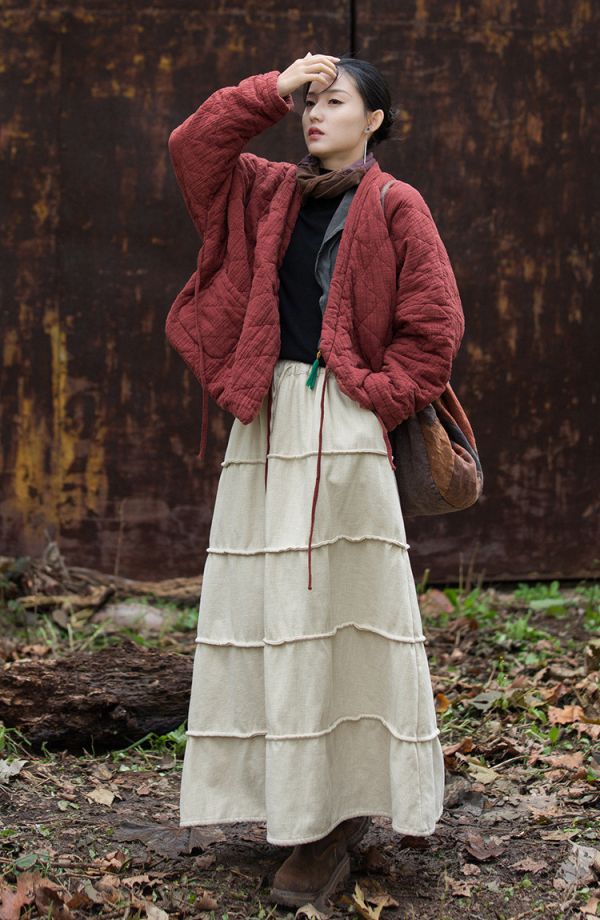 燕燕～秋冬新品  苧麻加絨加厚炒色裙子文藝復古百搭長裙 