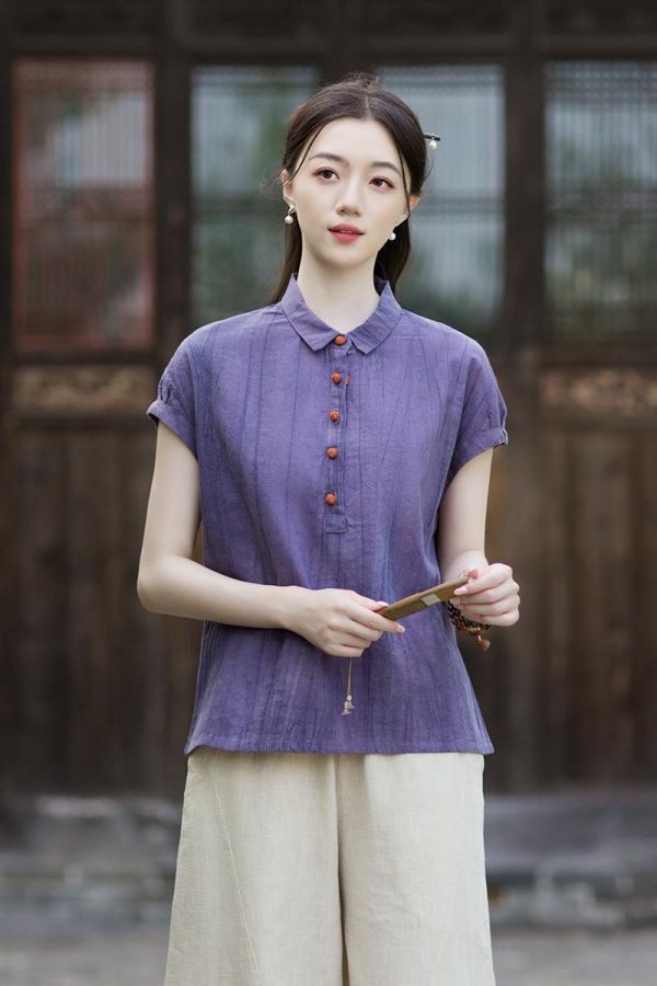 燕燕~夏季新款 文藝復古翻領落肩時尚休閒百搭上衣 短袖苧麻襯衫 