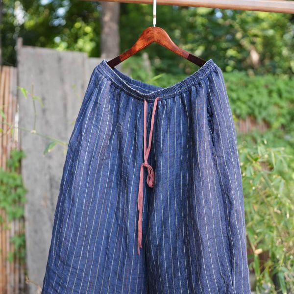 燕燕～亞麻 條紋色織鬆緊腰寬鬆顯瘦百搭直筒褲 長褲 