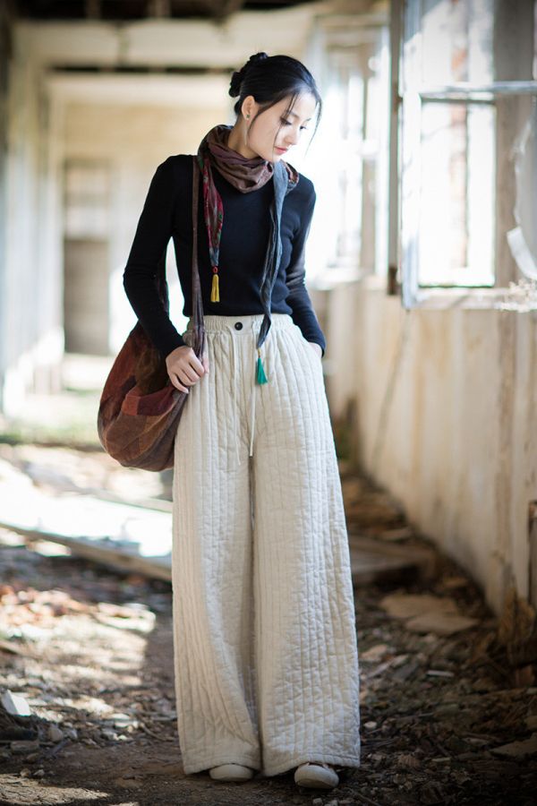 燕燕~冬季新品 苧麻夾棉豎格絎縫闊腿褲 加厚保暖高級感棉褲 