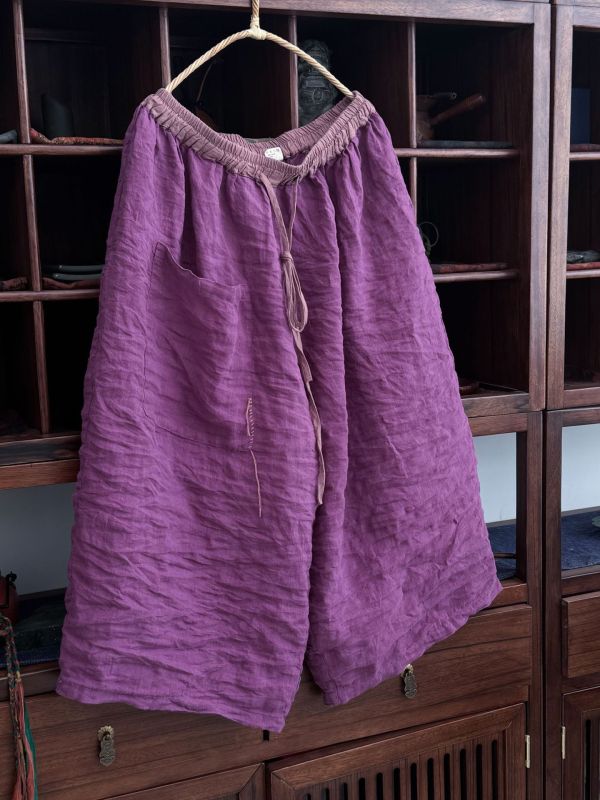 燕燕～亞麻～高品質砂洗寬鬆寬腿中褲 